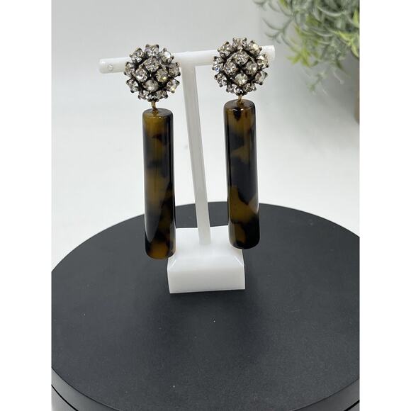 Tortoise Color Acetate Cylinder Earring, Crystal Round Modern Clip On Jewelry - Picture 4 of 13